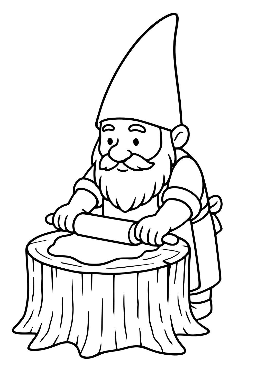 Bearded gnome in tall hat rolling dough on a tree stump with a rolling pin, wearing an apron; simple cartoon line art.