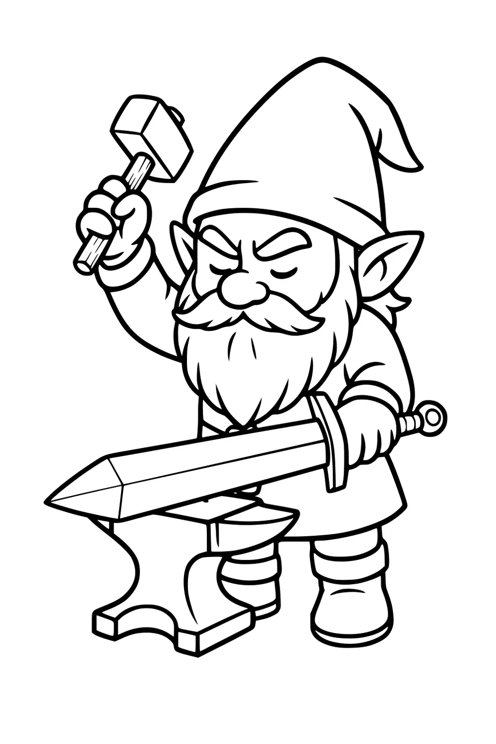 Gnome blacksmith hammering a sword on an anvil, wearing a tall hat and beard, with bold outlines and simple details.