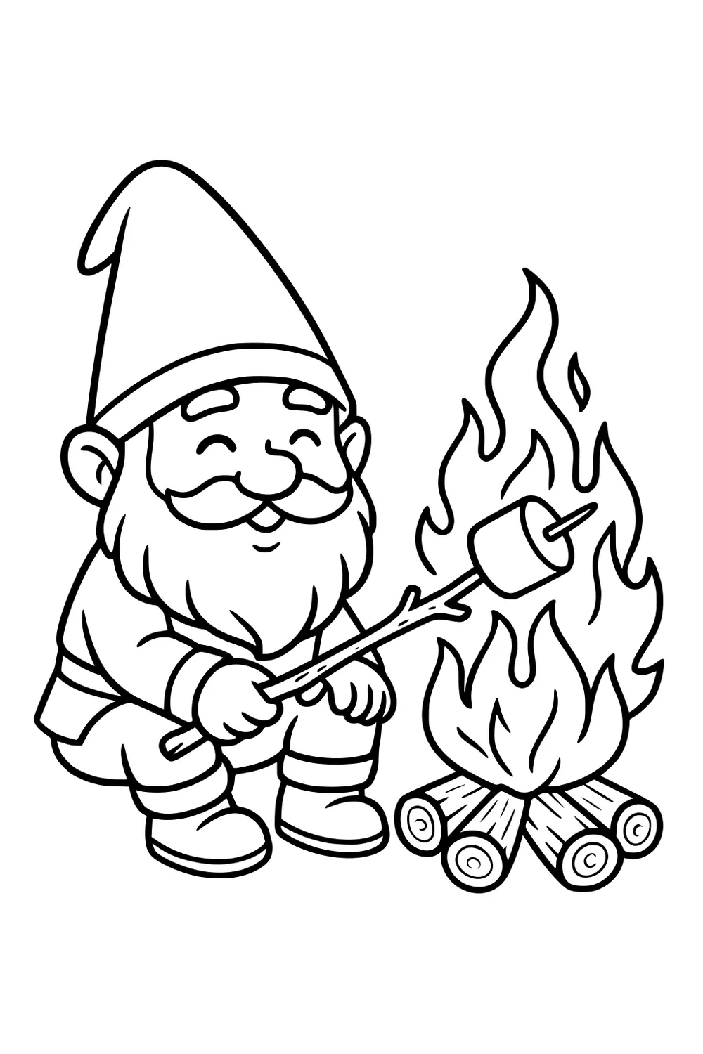 Gnome with pointy hat roasts a marshmallow over a log campfire, smiling with eyes closed and crouching beside tall flames.