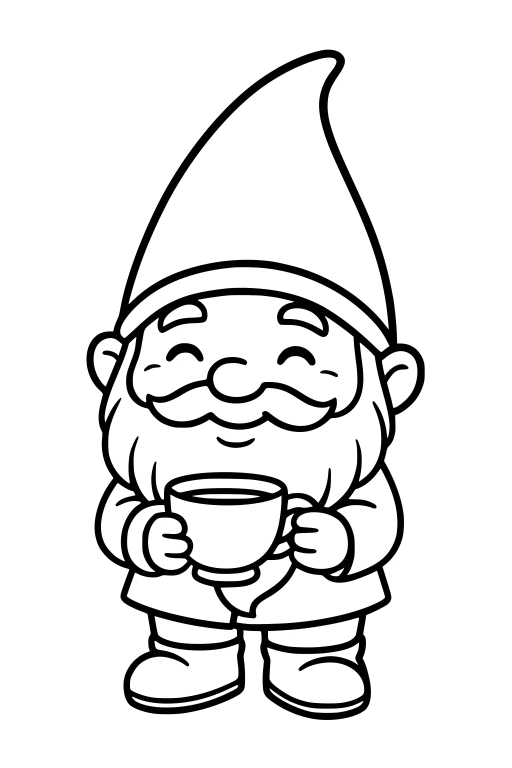 Smiling gnome with a tall pointed hat holds a mug in both hands, wearing a tunic and boots, in bold black outlines.