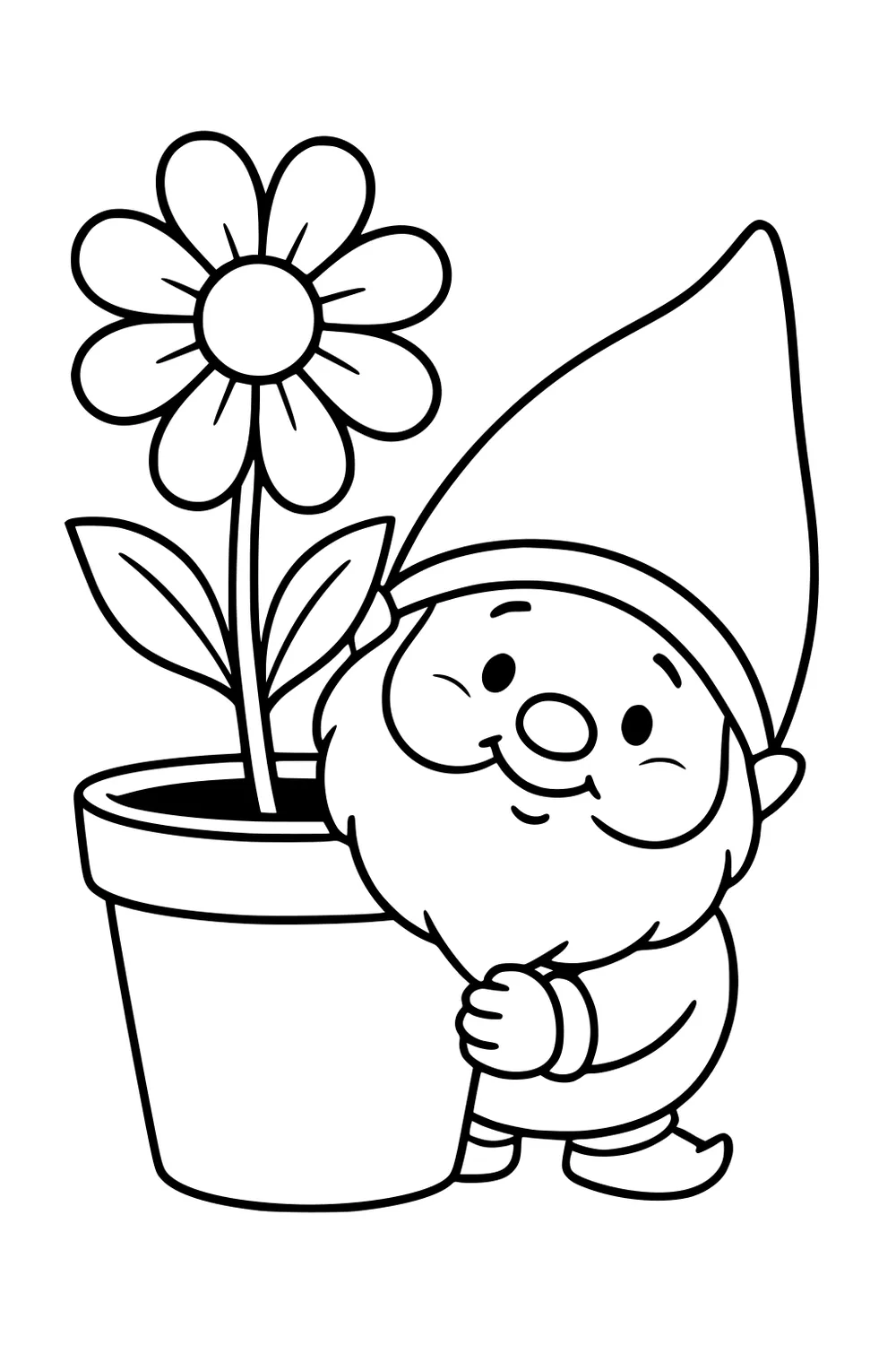 Smiling gnome with a pointy hat hugs a flower pot holding a large daisy; simple bold outlines for young kids to color.