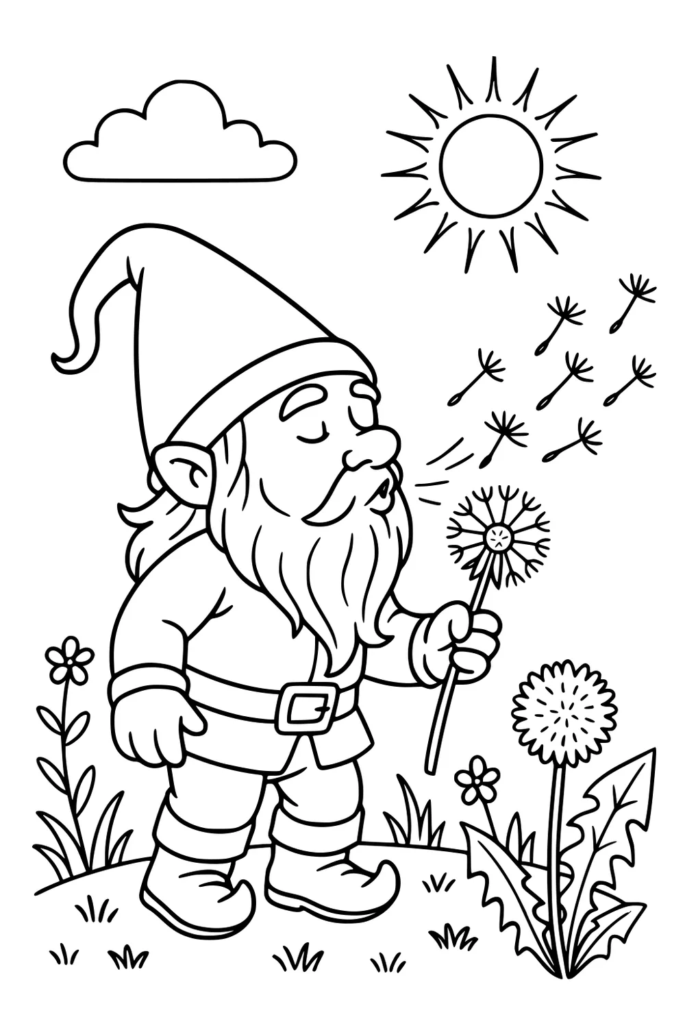 Bearded gnome blowing dandelion seeds on a grassy hill with flowers, sun, and a cloud.