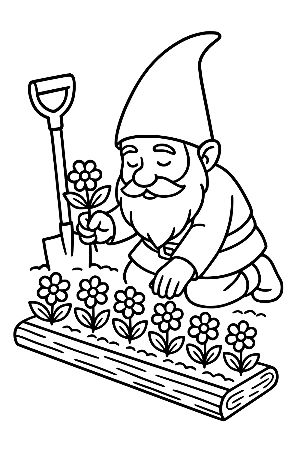 Smiling gnome in pointy hat plants a flower by a shovel and a row of daisies in a wooden raised garden bed.