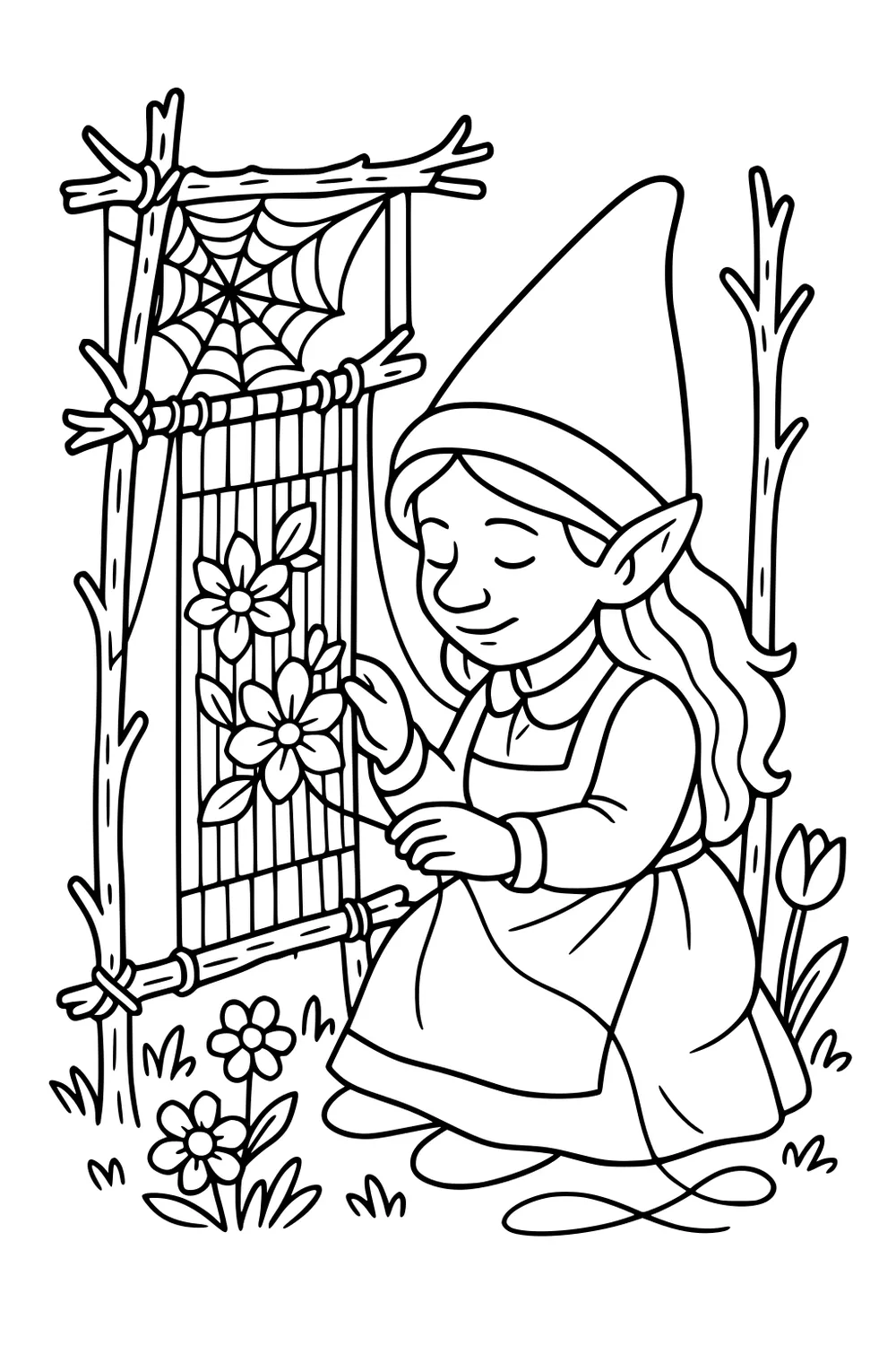 Girl gnome kneels by a stick loom, weaving flowers under a spiderweb, with tulips and daisies in grass.
