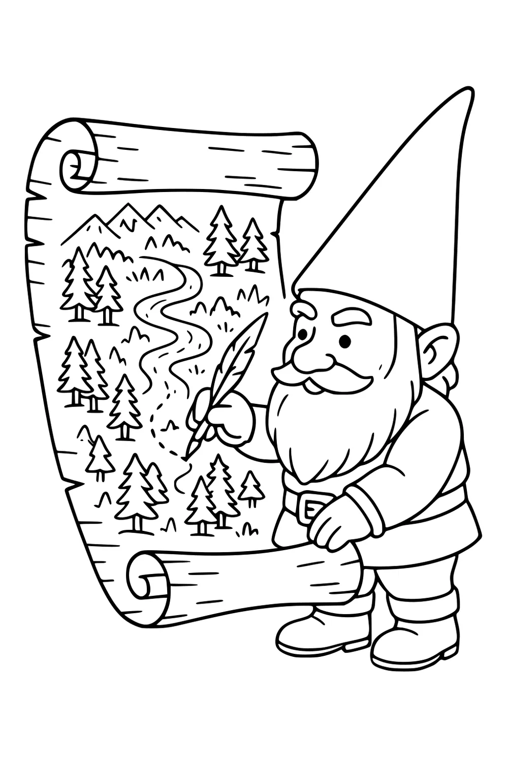 Gnome in tall hat draws a forest map on a curled scroll with a quill; mountains, pines, and a winding path fill the page.