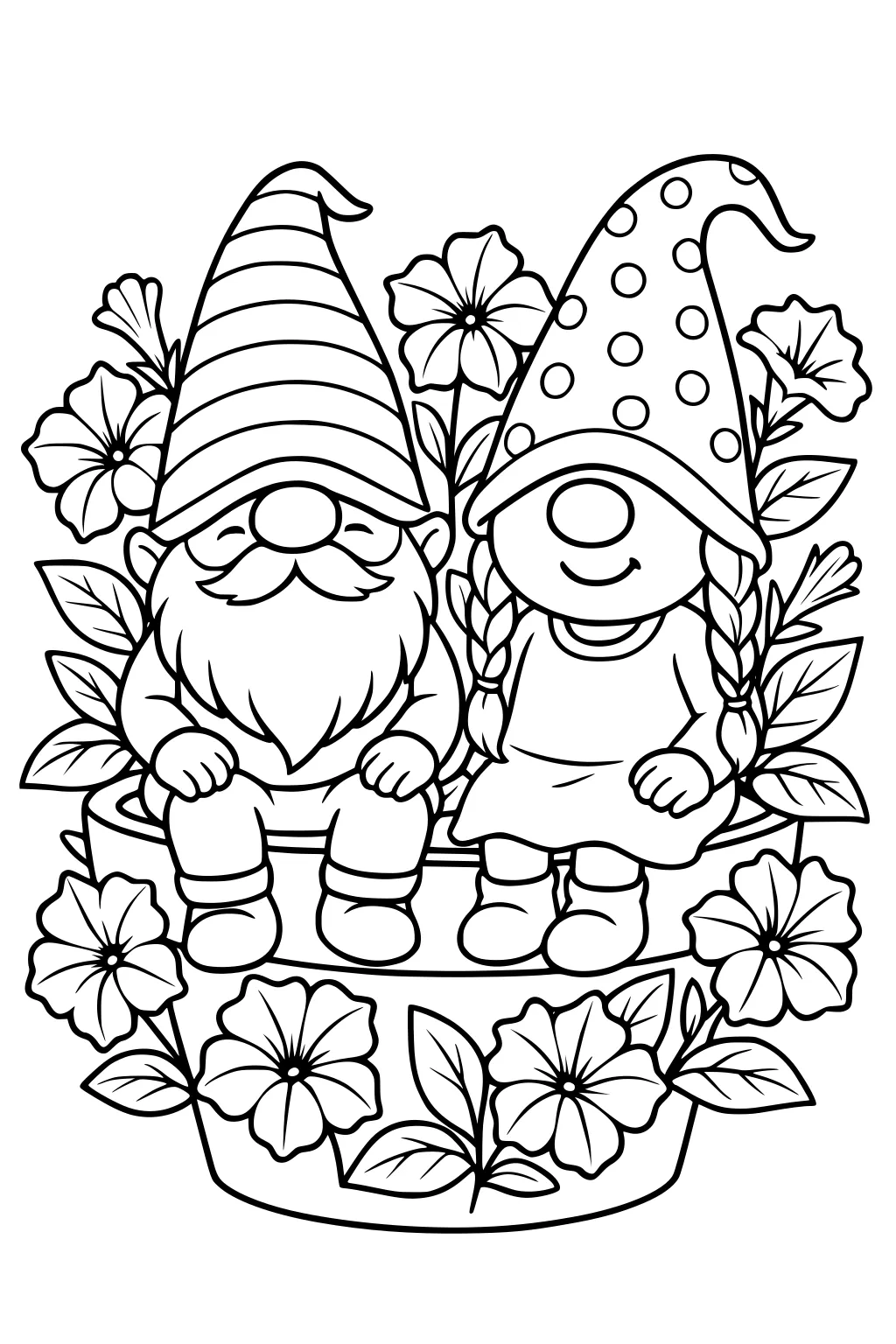 Two gnomes with tall hats sit on a flower pot, surrounded by petunia-like blooms and leaves; one bearded boy, one braided girl.