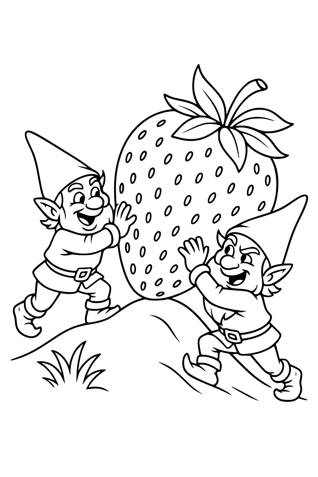 Two gnome boys push a giant strawberry up a hill, wearing pointed hats, belts, and boots, with seeds and leafy stem visible.