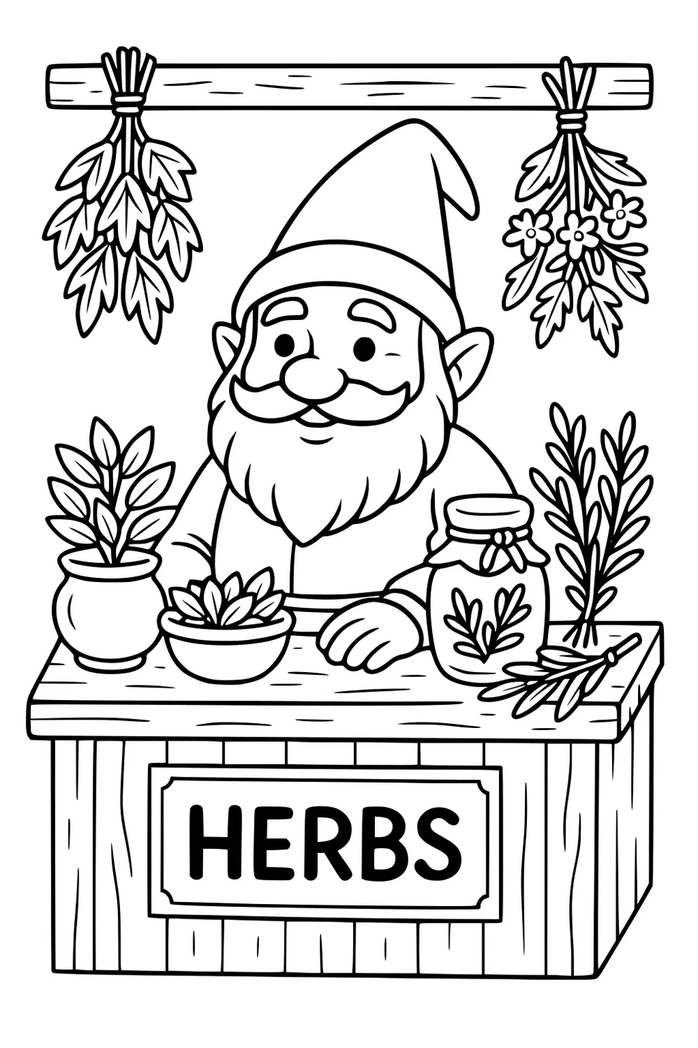 Smiling gnome with hat at a wooden herb stall, jars and potted plants on table, bundles of hanging herbs above.