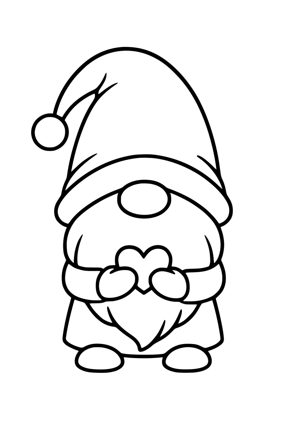 Cartoon gnome with tall hat and pom-pom, long beard, holding a heart with both mittens, front view in simple black outline.