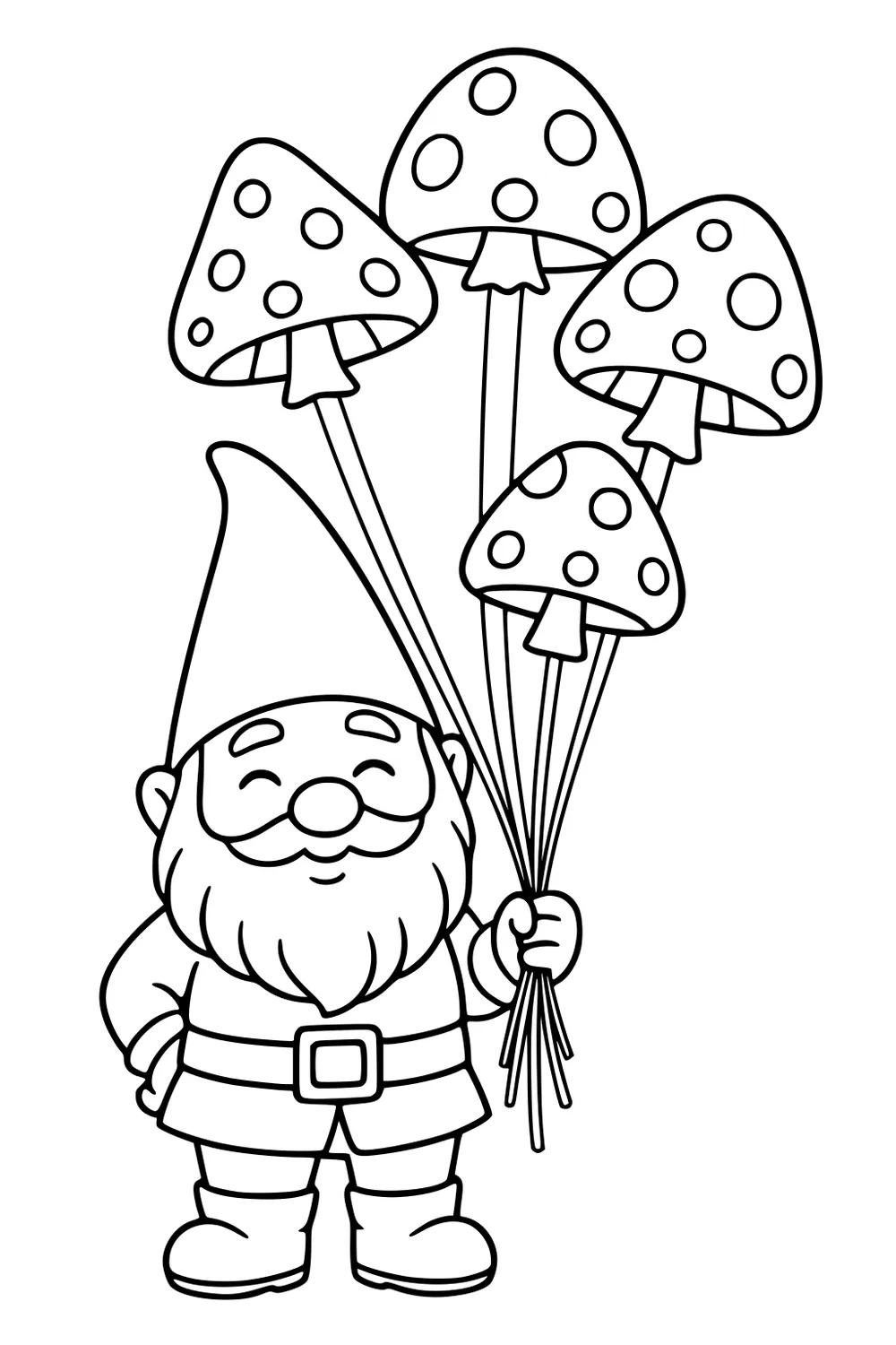 Smiling gnome with tall hat holding five spotted mushroom balloons, wearing belt and boots, simple outline drawing.