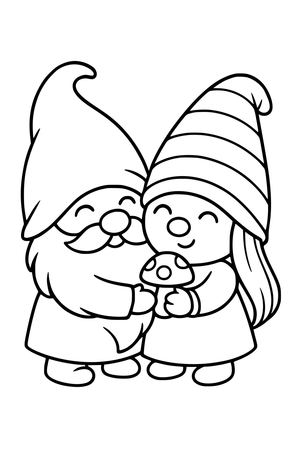 Two smiling gnomes hold a spotted mushroom; boy with mustache and plain hat, girl with long hair and a tall striped hat.