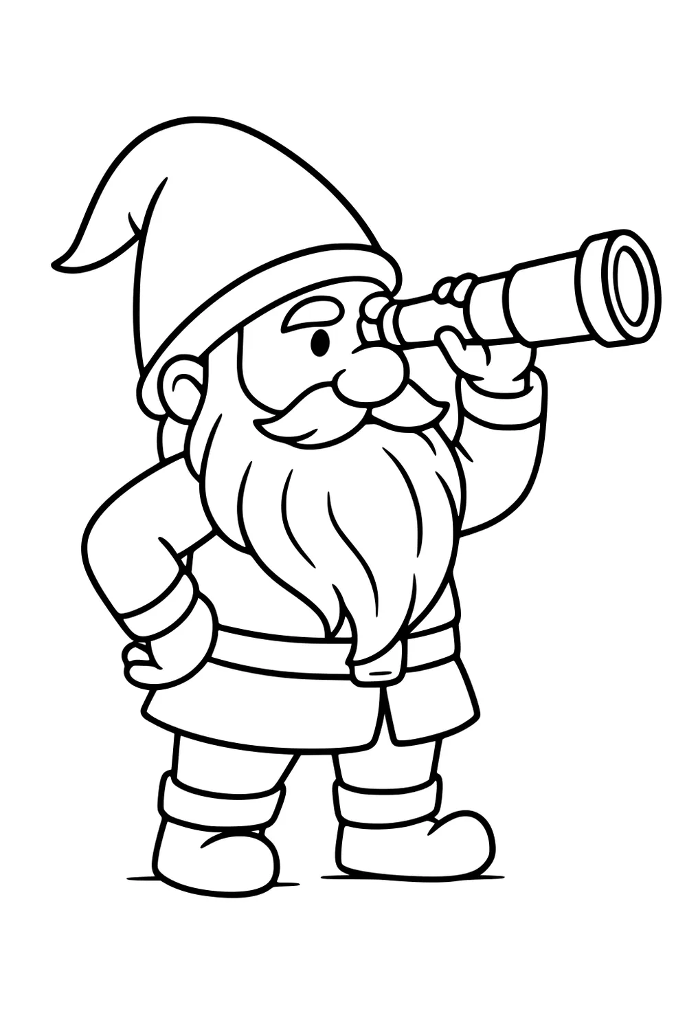 Cartoon gnome with long beard and pointy hat looking through a telescope, one hand on his hip, wearing belt, tunic, boots.