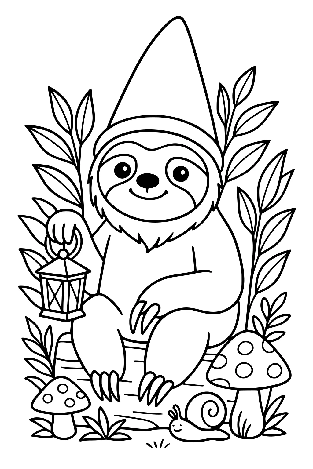 A sloth in a tall gnome hat sits on a log, holding a lantern, surrounded by leaves, mushrooms, and a smiling snail.