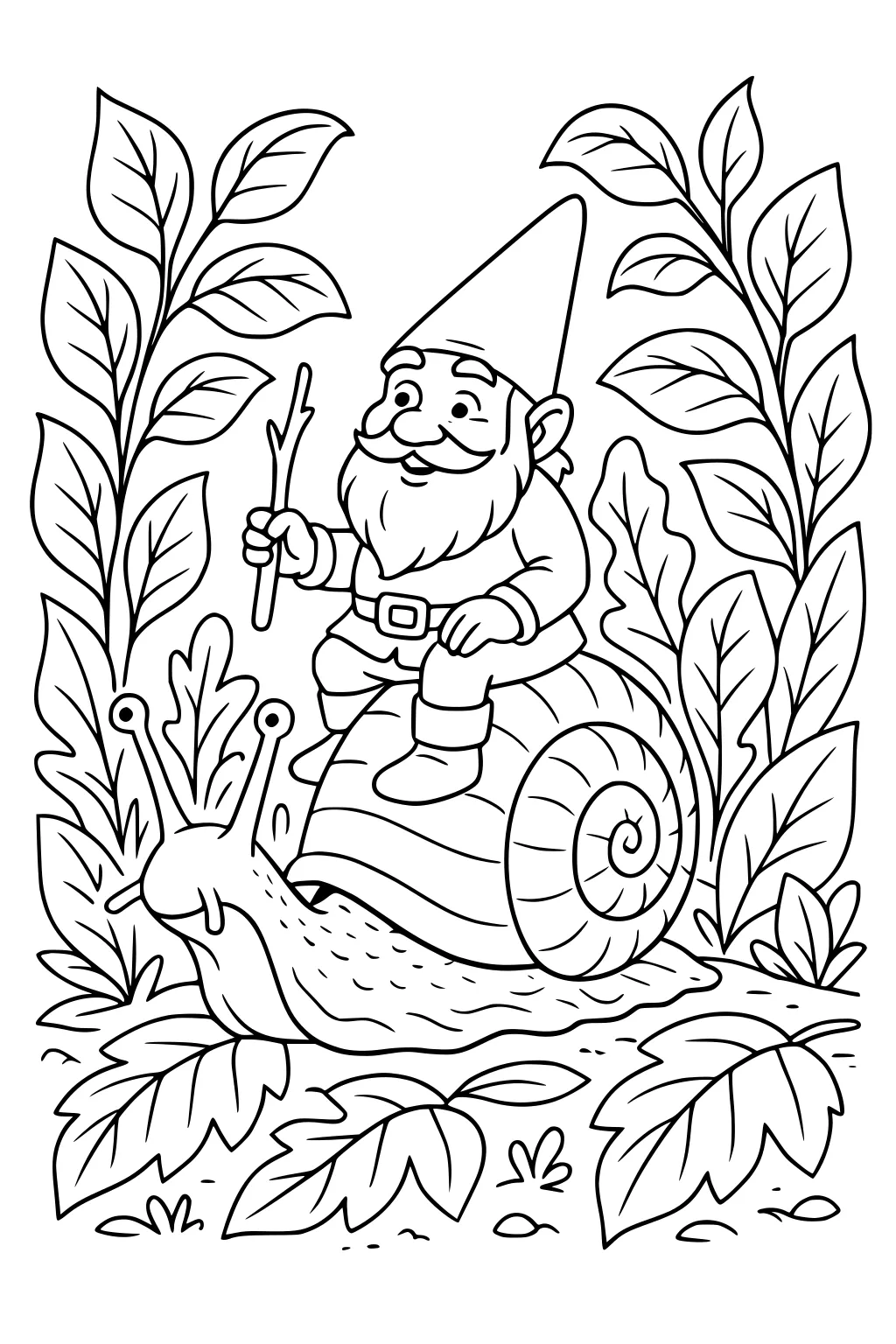 Bearded gnome in pointy hat rides a big snail, holding a stick, surrounded by tall leaves and fallen foliage on the ground.