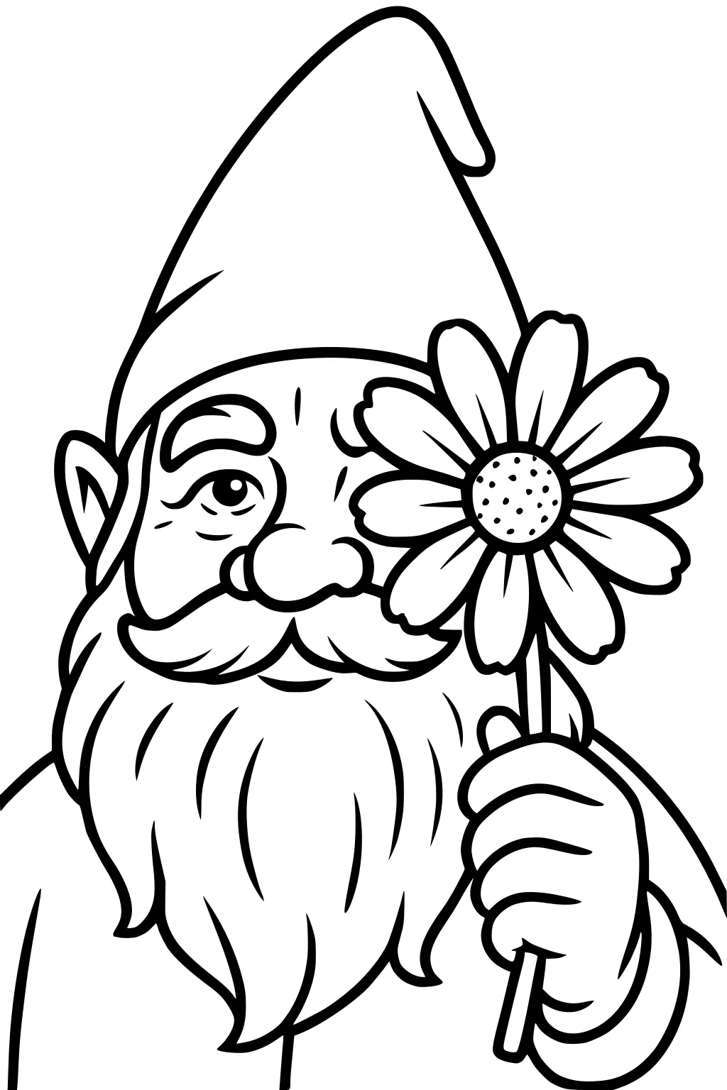 Garden gnome with pointy hat and long beard holding a daisy near his face, smiling, bold outlines.