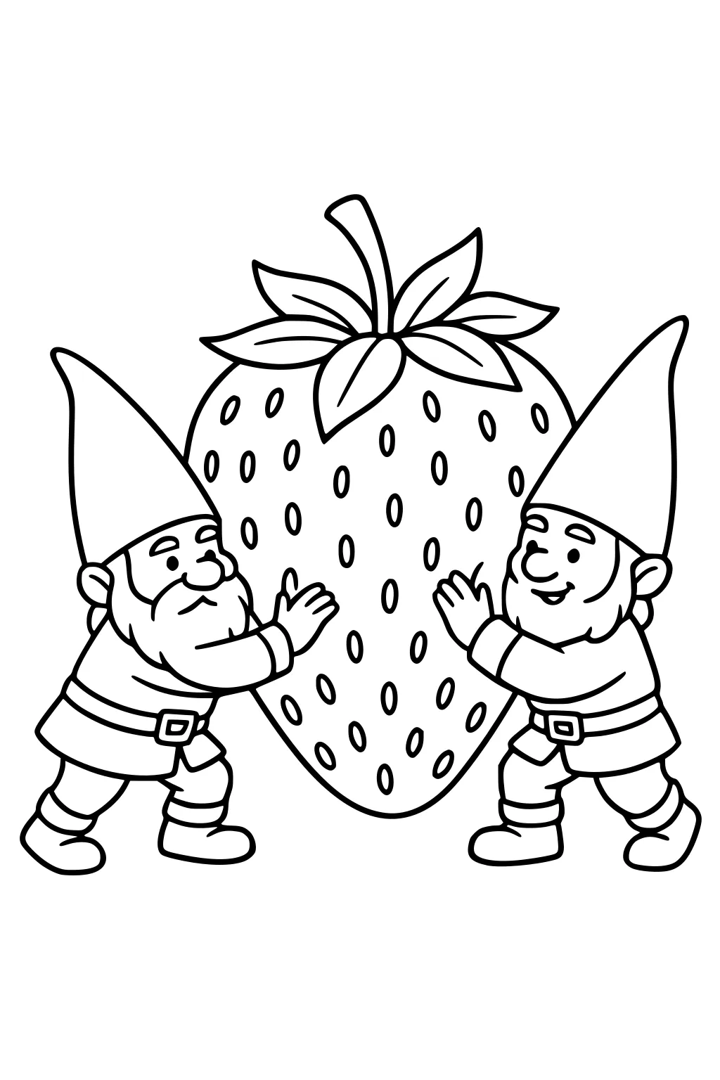 Two male gnomes with tall hats push a giant strawberry with leaves and seeds, wearing belts and boots, smiling.