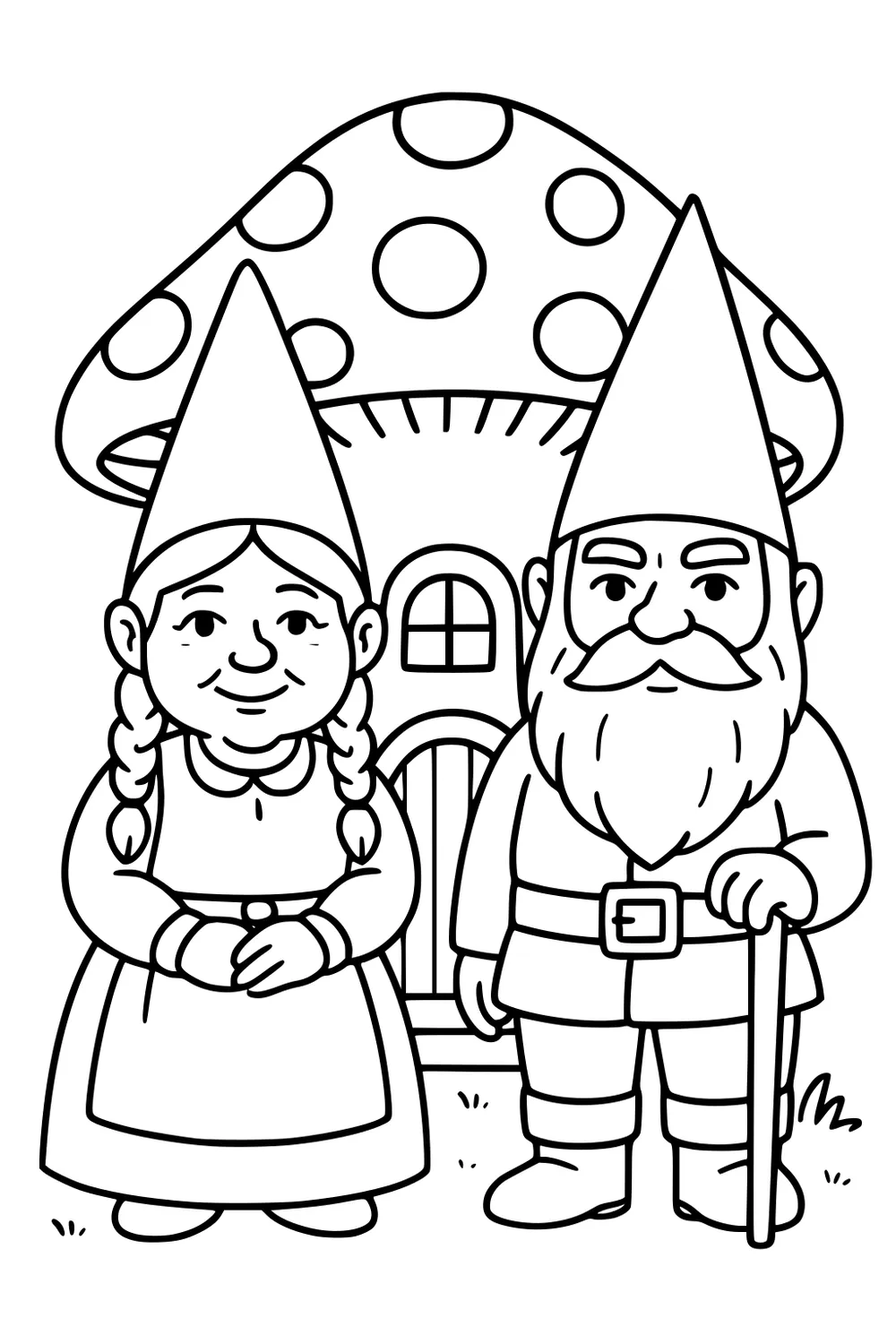 Two gnomes, a braided girl and a bearded man with cane, stand before a polka-dotted mushroom house with arched door.