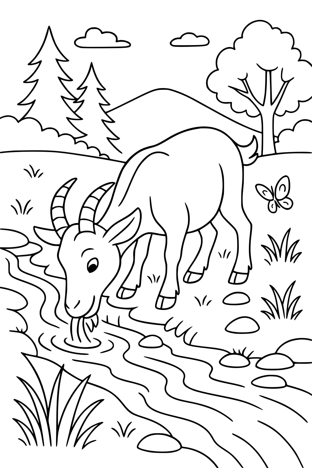 Goat with striped horns drinks from a stream in a hilly field. Trees, grass, rocks, clouds, and a butterfly complete the scene.