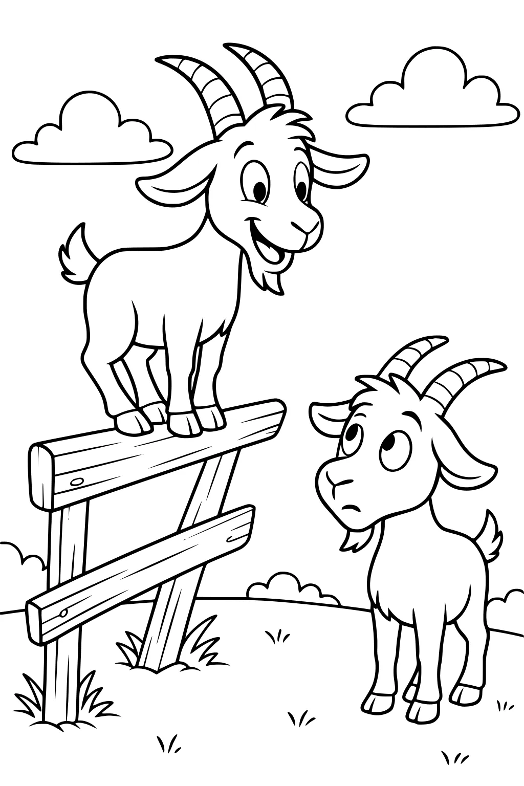 Two goats in a field, one standing on a wooden fence, the other looking up at him, with clouds in the background.