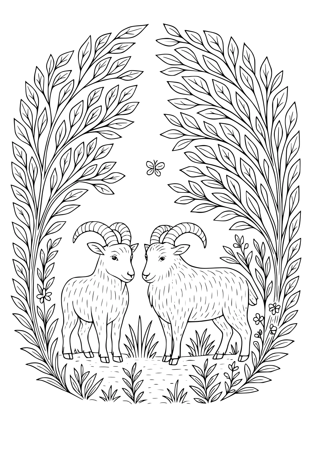 Two goats facing each other under arching branches with leaves, standing on grassy ground with a butterfly above them.