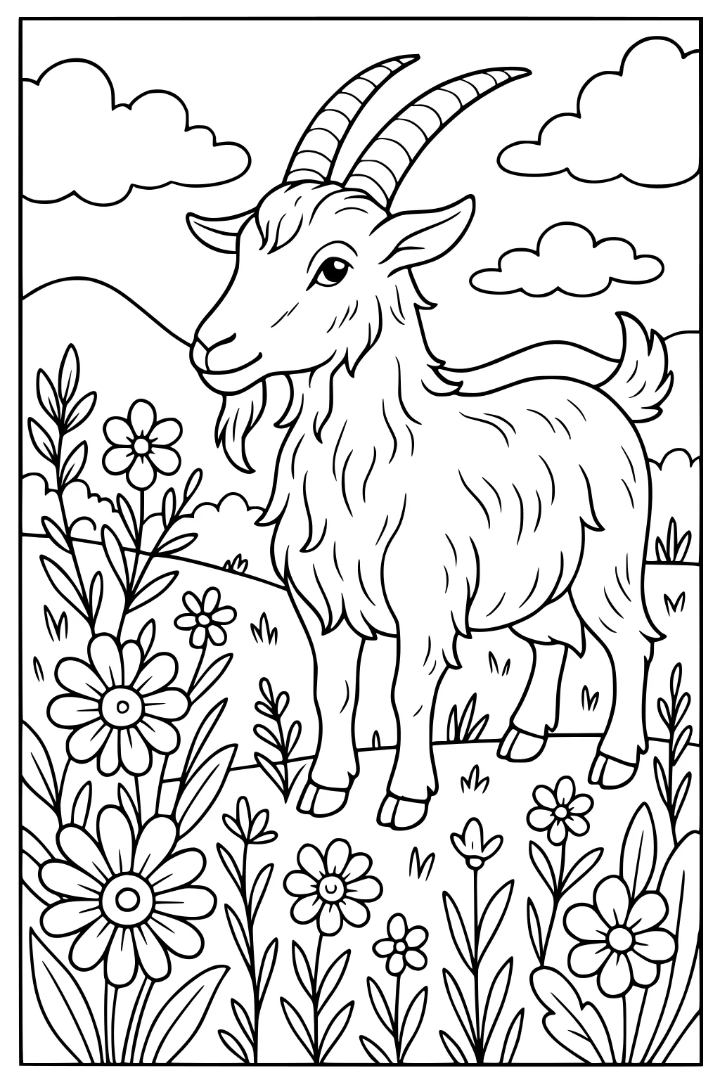 Goat with long horns standing in a field of flowers, with grassy hills and clouds in the background.