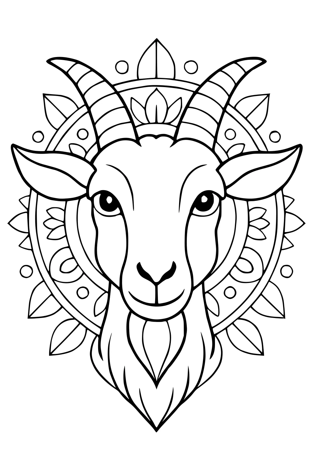 Black and white drawing of a goat’s face with spiral horns and a mandala-style circle with leaves and dots.