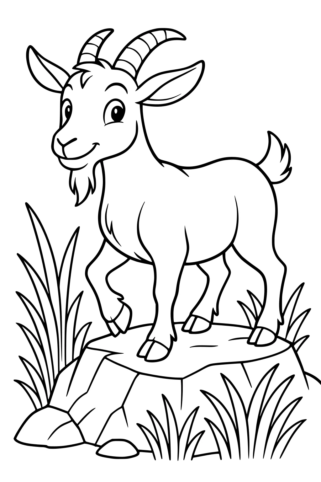 Cartoon goat with striped horns standing on a rock, surrounded by tall grass.