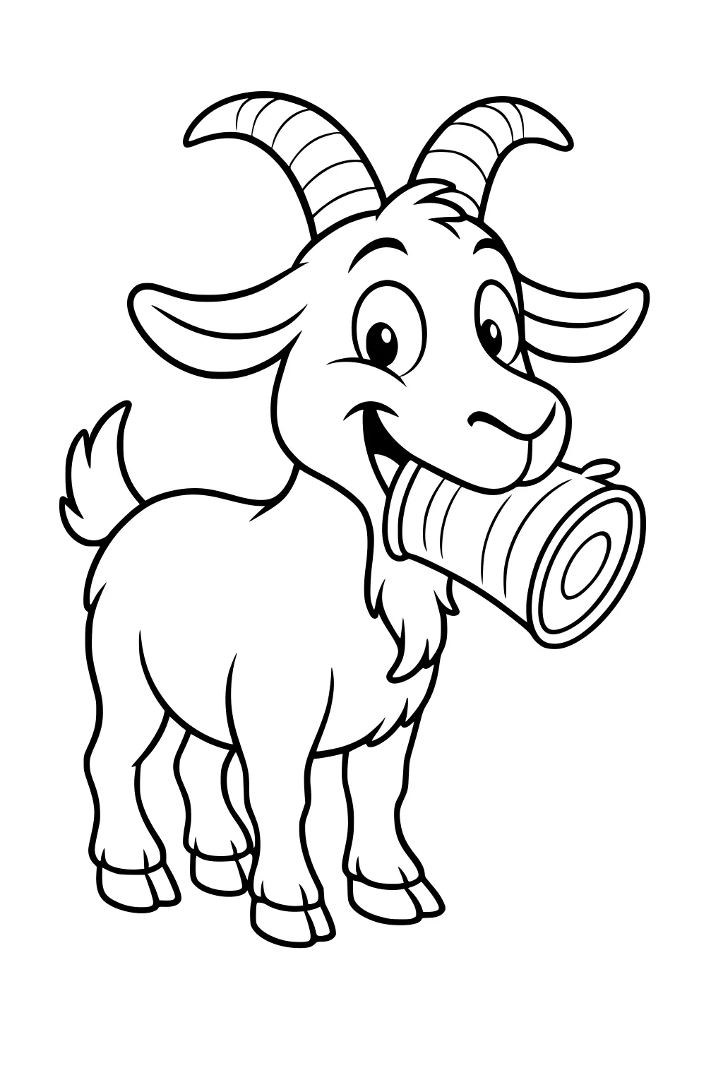 Cartoon goat with striped horns eating a tin can and smiling, standing with all four legs visible.