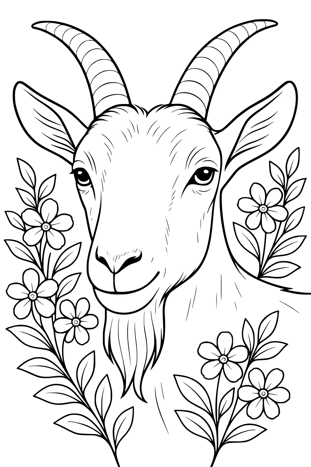 Goat with curved horns, long ears, and a beard, surrounded by flowers and leafy stems.