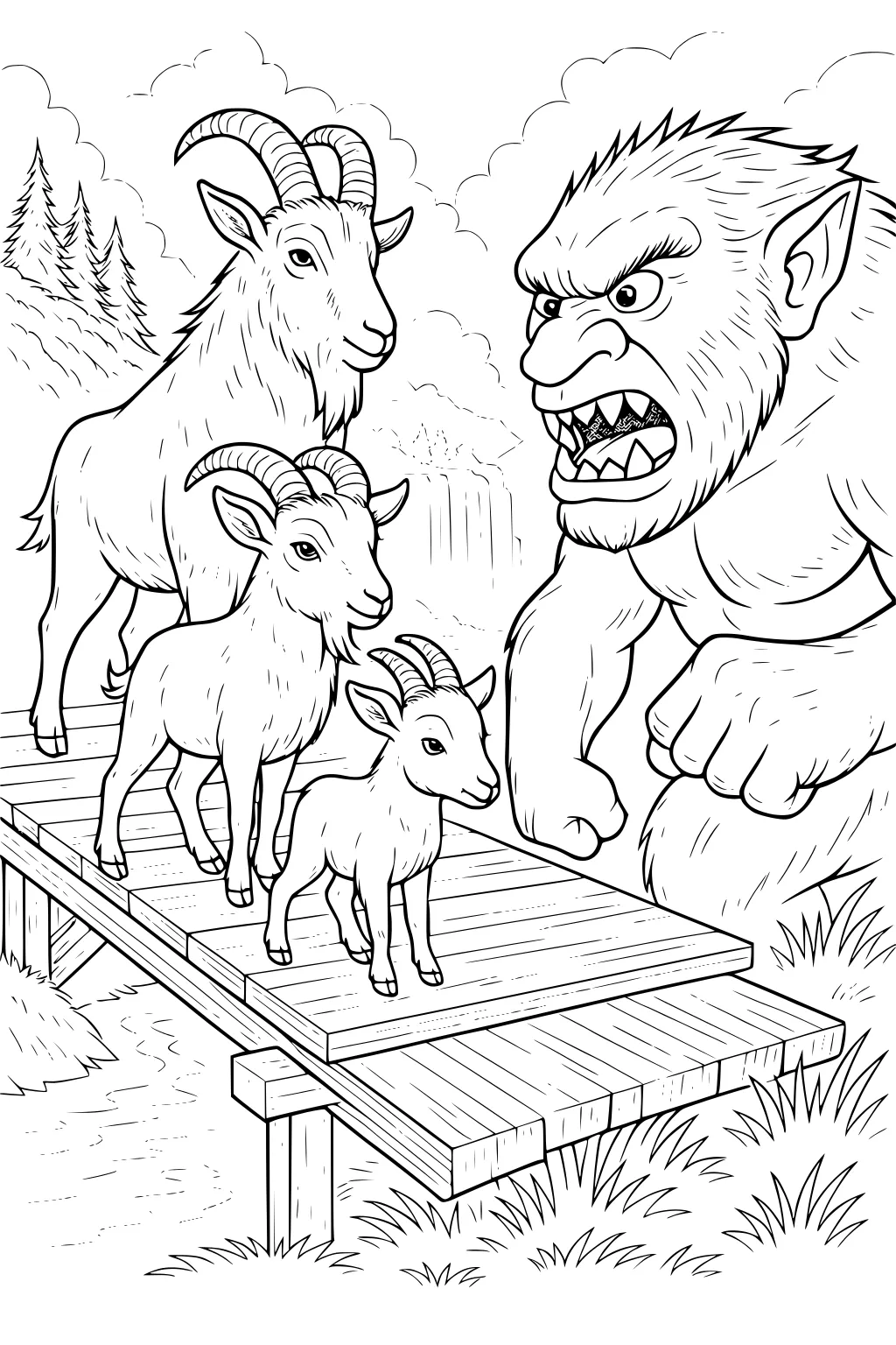 Three goats crossing a wooden bridge while a troll blocks their path, with trees and a waterfall in the background.