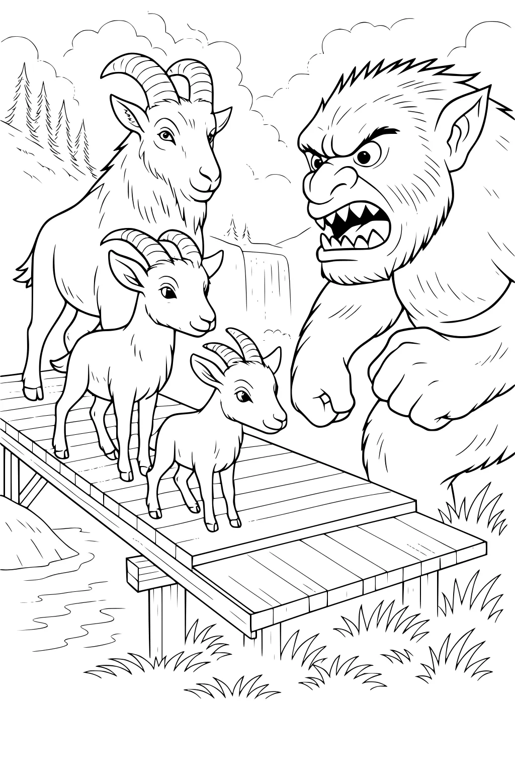 Three goats crossing a wooden bridge toward an angry troll with a waterfall and pine trees in the background.