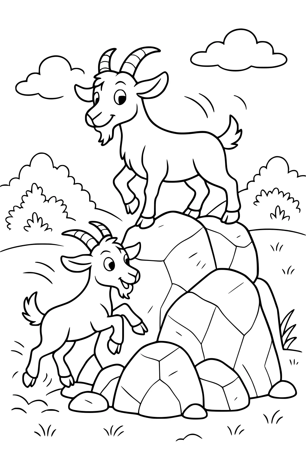 Two goats with horns playing on large rocks outdoors, surrounded by bushes, grass, and clouds in the sky.