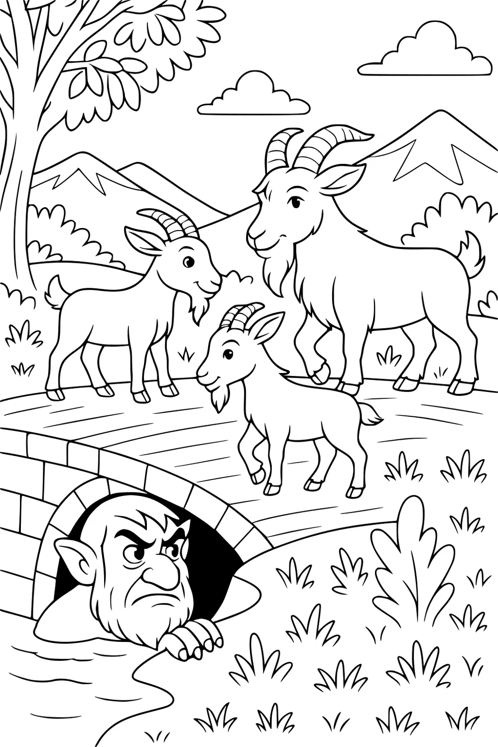 Three goats on a bridge with a troll underneath, tree, grass, mountains and clouds in the background.