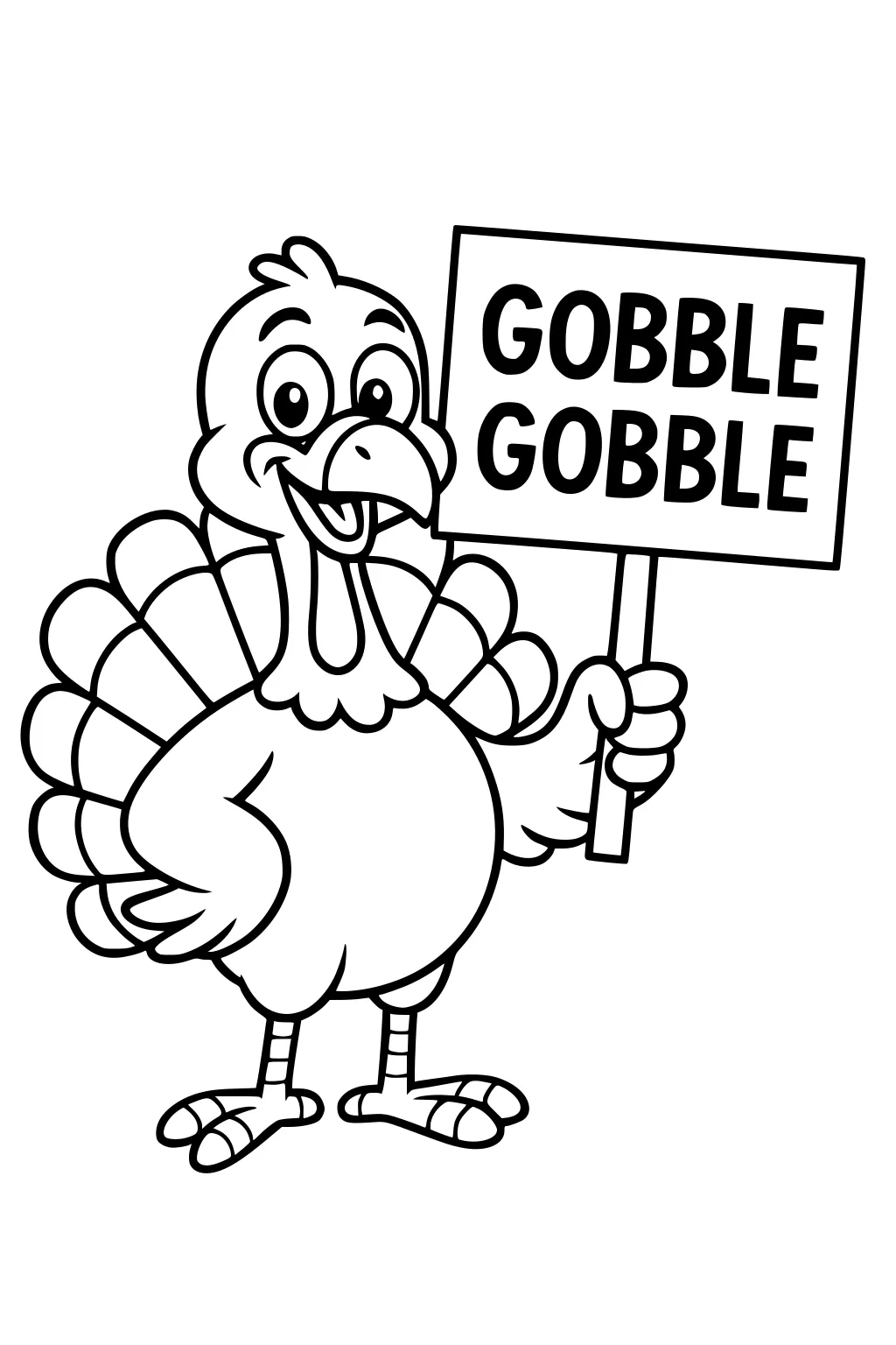 Cartoon turkey smiling, holding a GOBBLE GOBBLE sign, big tail feathers, one wing on hip, bold simple outlines.