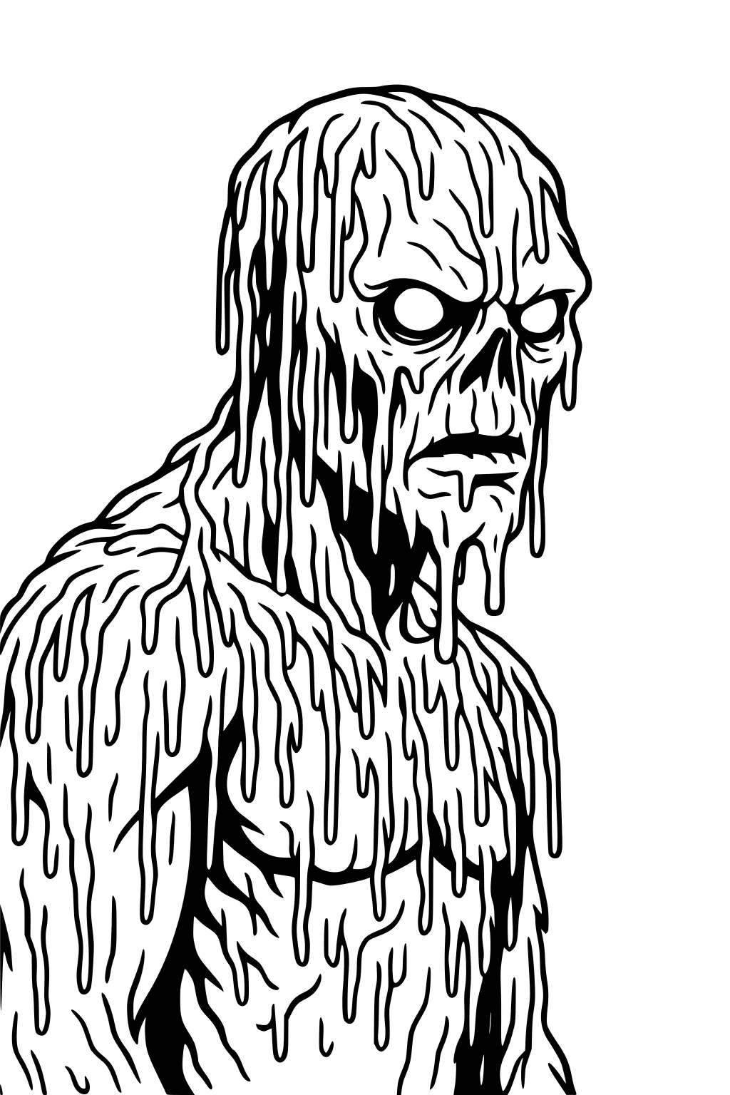 Cartoon demon boy covered in dripping slime with blank glowing eyes, bold black outlines, half-length view on a white background.