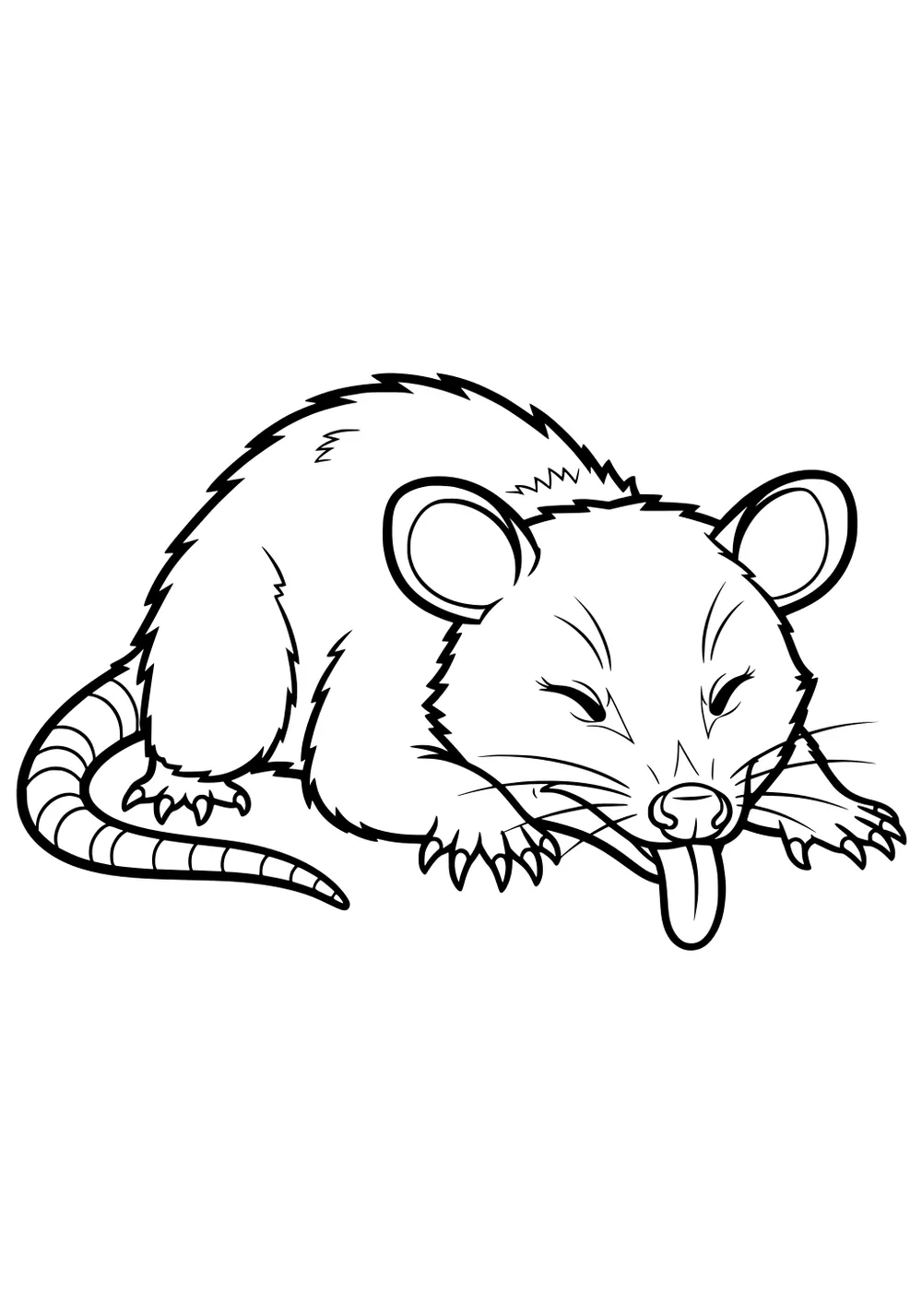 Cartoon opossum lying on its stomach with tongue out, big ears, furry body, and striped tail visible.