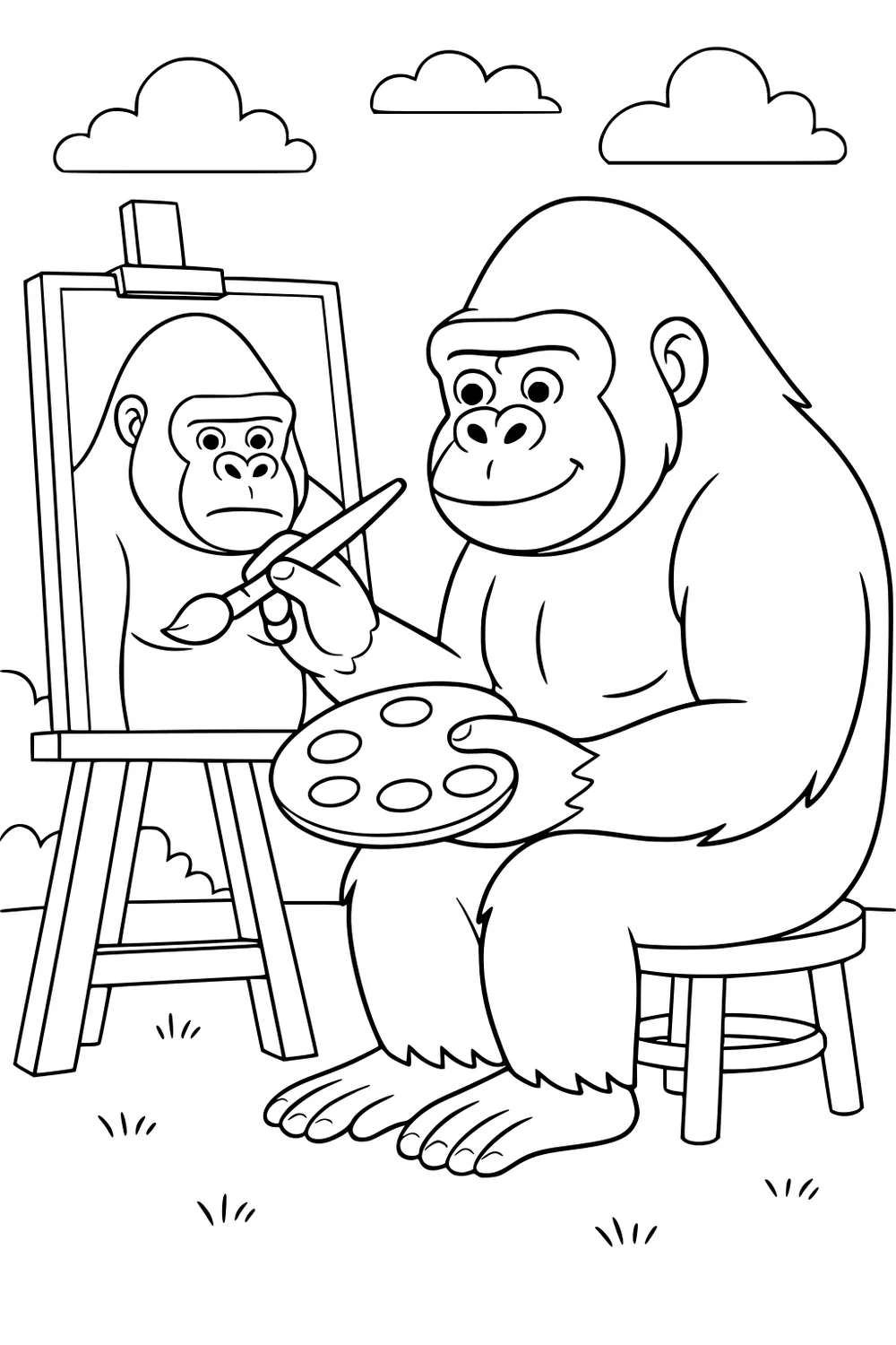 Gorilla sitting on stool, painting a self-portrait on an easel outdoors with a palette and brush.