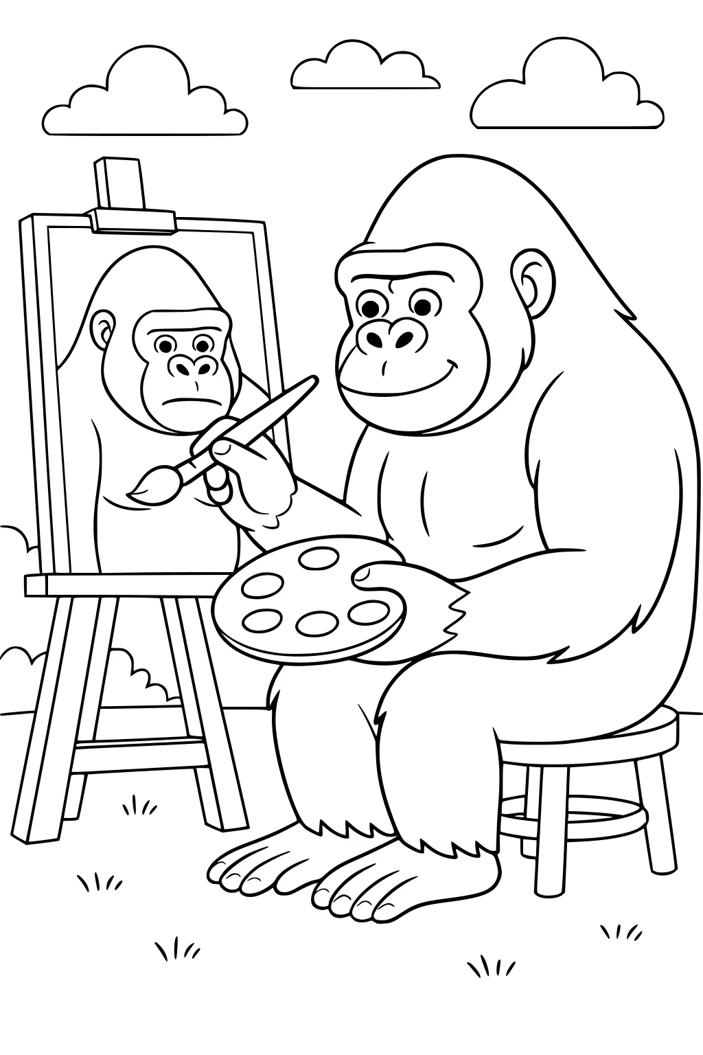 Gorilla sitting on stool, painting a self-portrait on an easel outdoors with a palette and brush.
