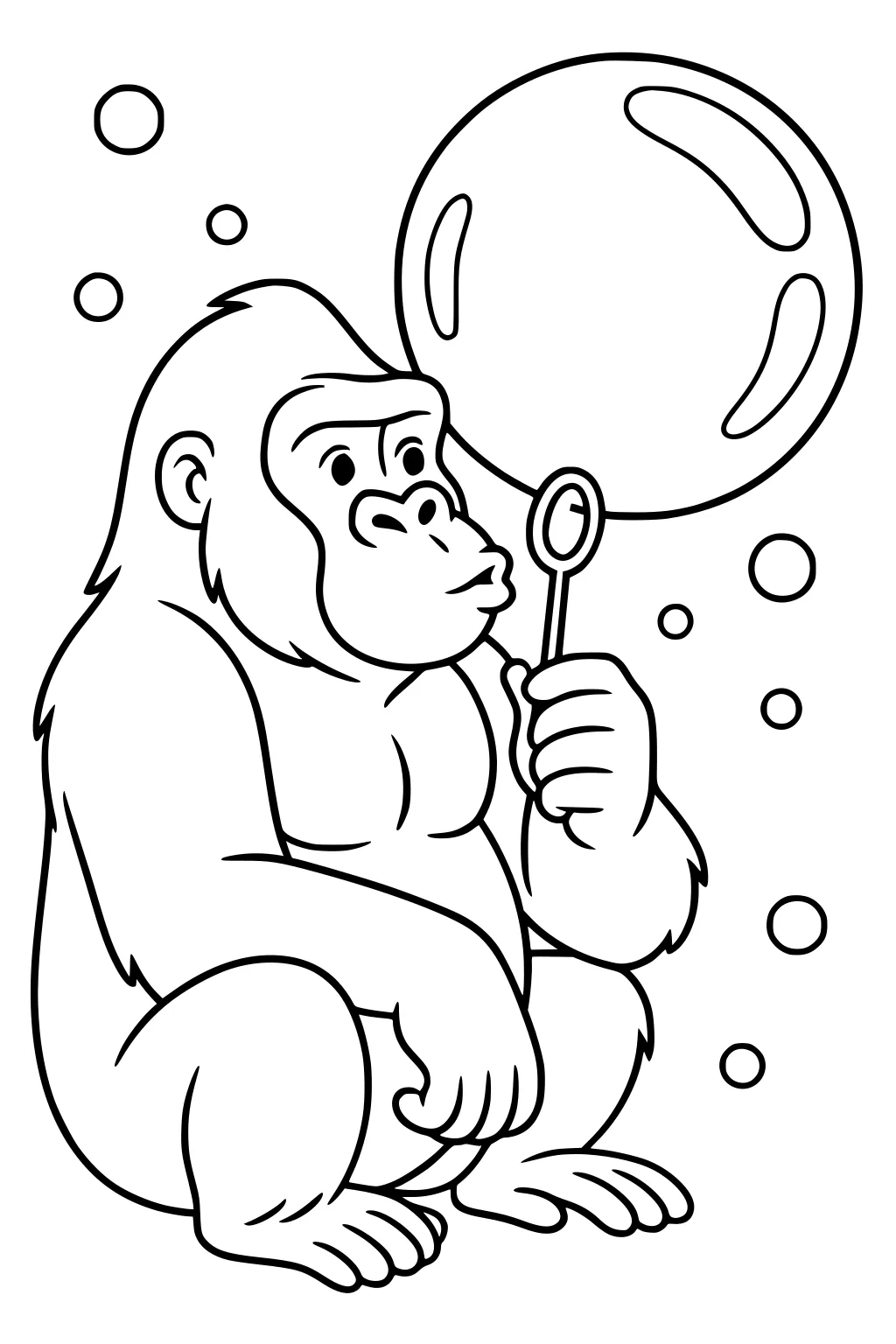Cartoon gorilla sitting, blowing a big bubble with a wand and surrounded by floating bubbles.