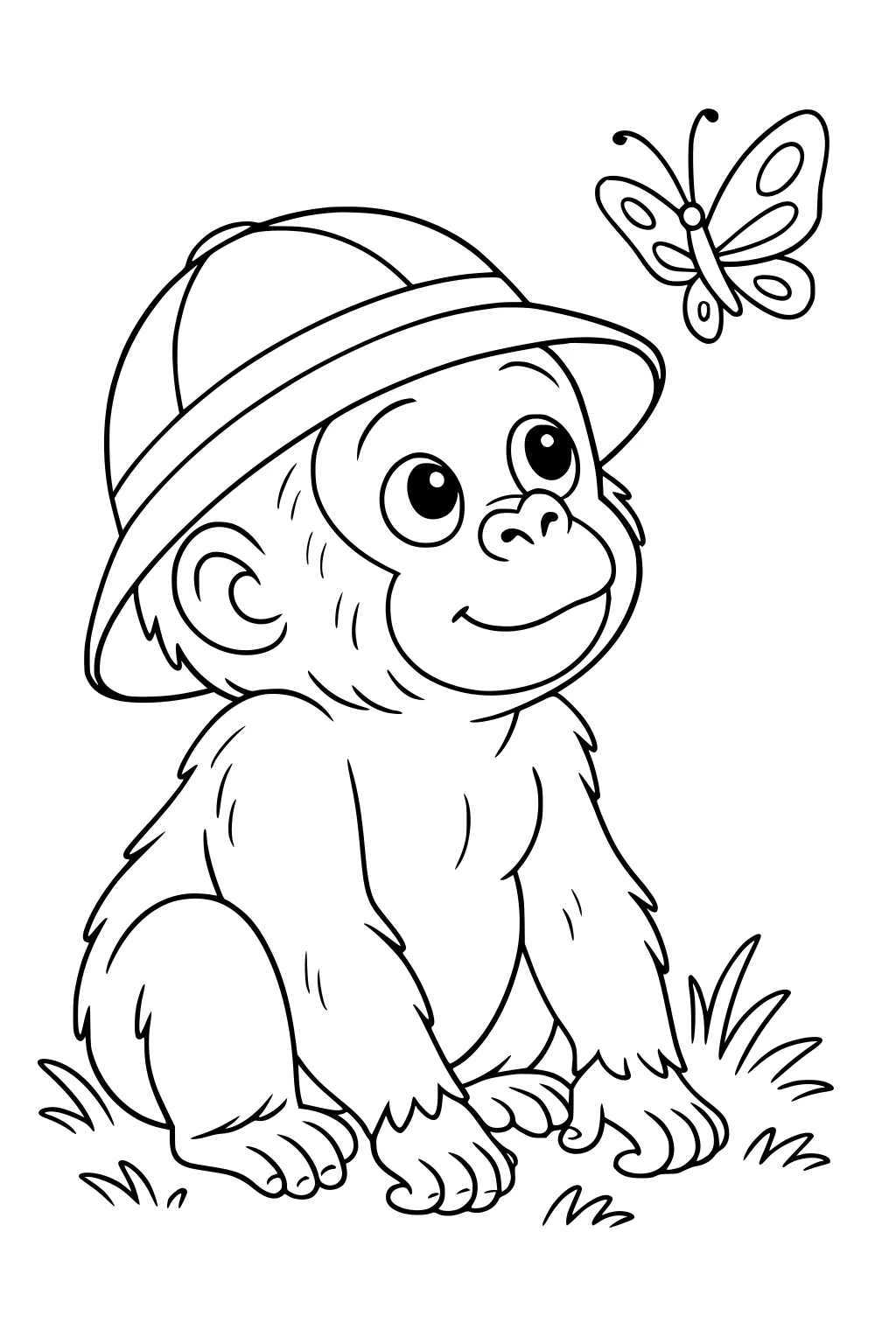 Baby gorilla in a safari hat sitting in grass, smiling and looking at a butterfly above.