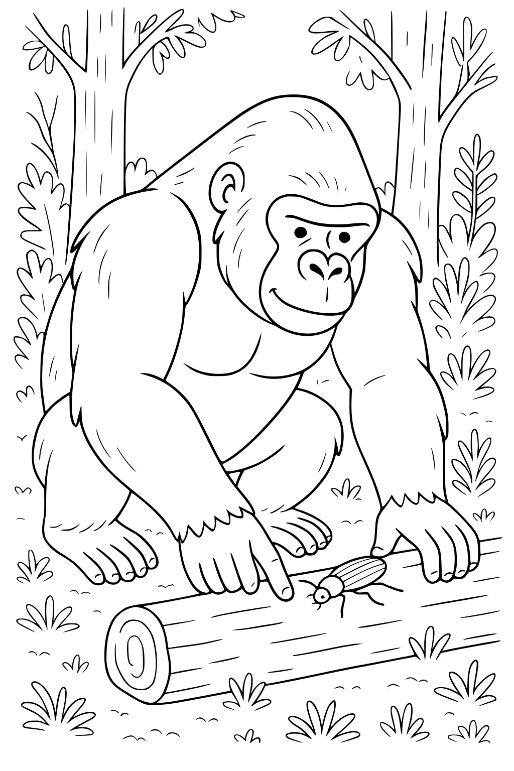 Gorilla kneeling next to a log in the forest, pointing at a bug crawling on the log, surrounded by trees and leafy plants.