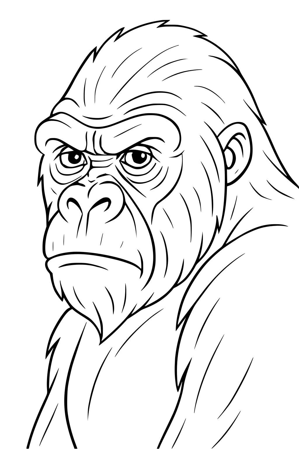 Outline drawing of a stern gorilla with wrinkled face and thick fur looking back over one shoulder.