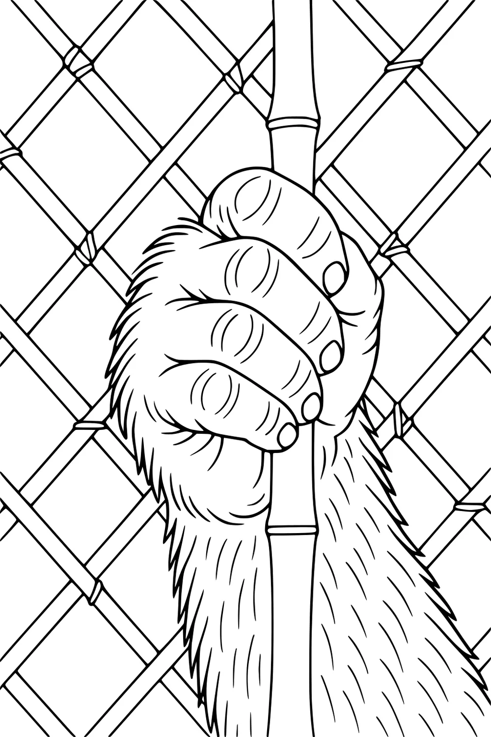 Gorilla hand holding a fence bar with furry arm, detailed fingers, and criss-crossed wire background.