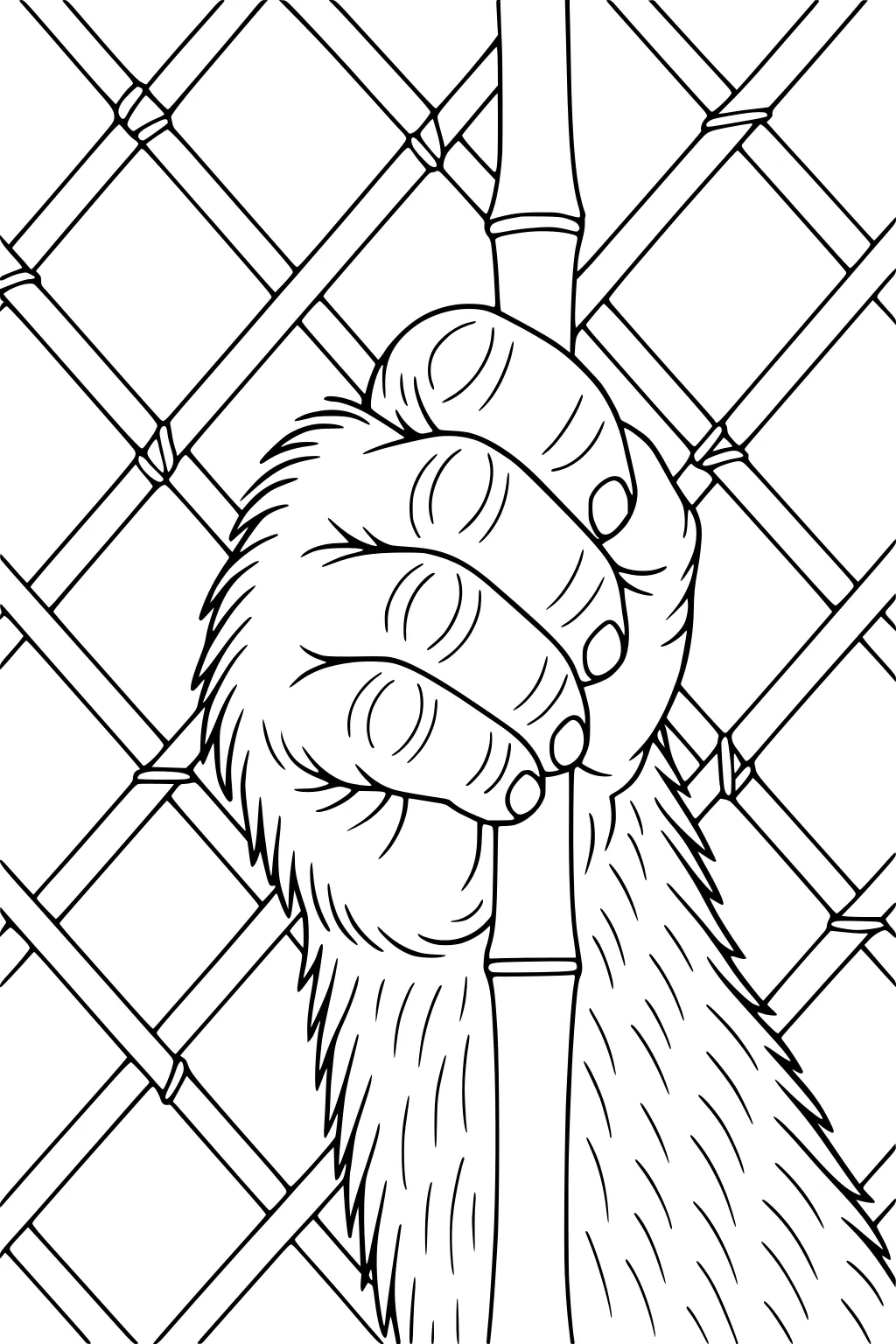Gorilla hand holding a fence bar with furry arm, detailed fingers, and criss-crossed wire background.