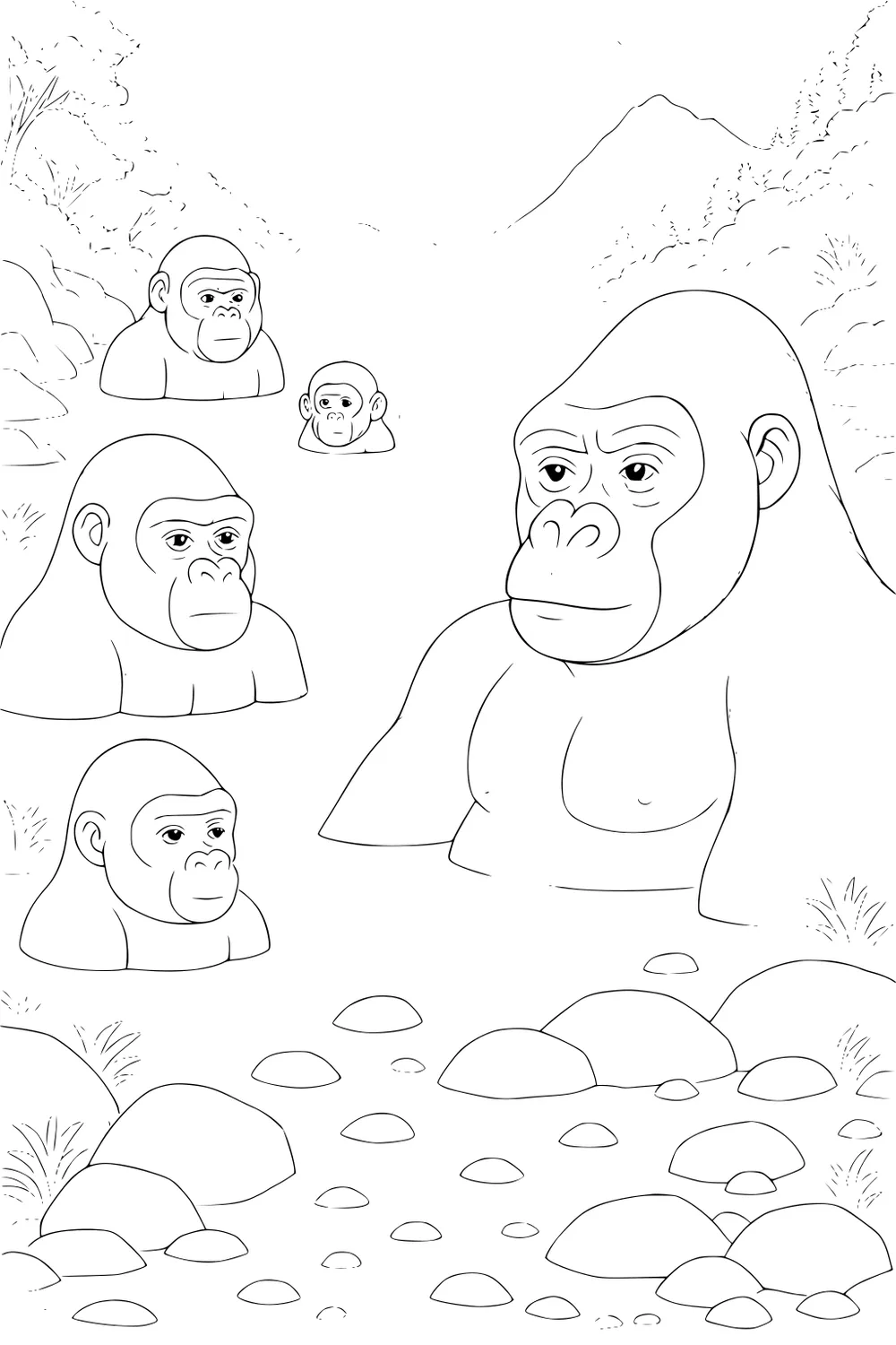 Five gorillas soak in a steamy hot spring surrounded by rocks, plants, and distant mountains.