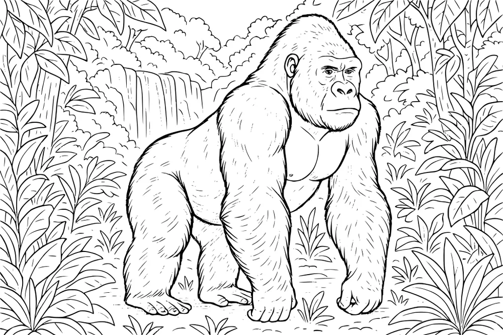 Large gorilla standing in a jungle with tropical plants and a waterfall in the distance.