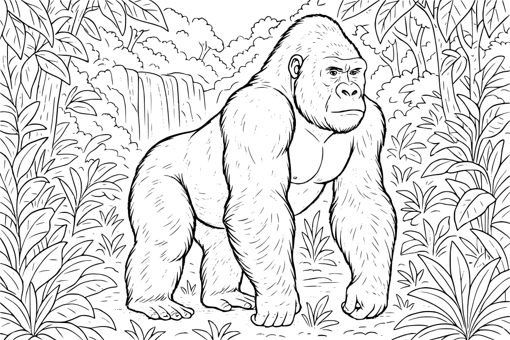 Large gorilla standing in a jungle with tropical plants and a waterfall in the distance.
