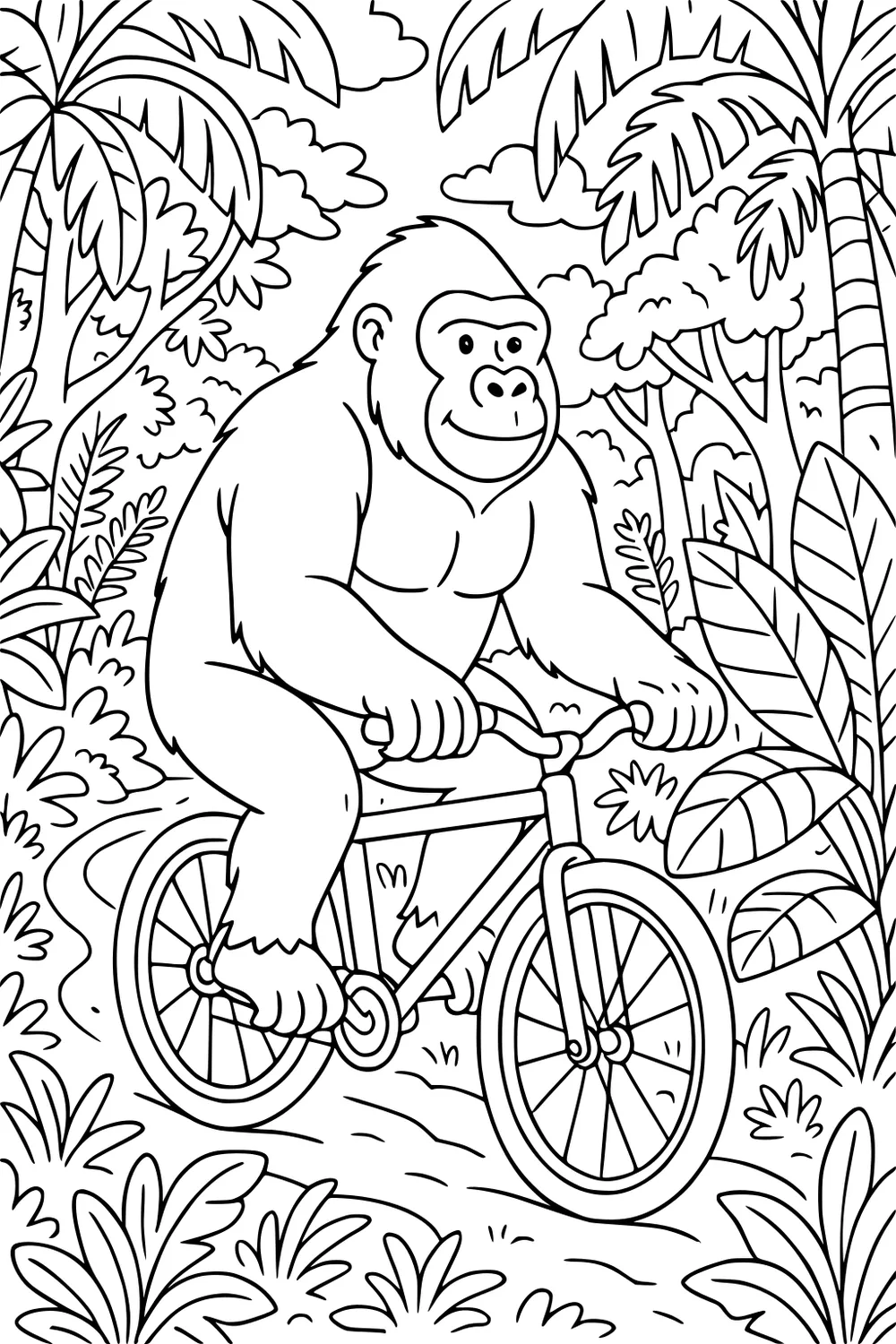 Gorilla riding a bicycle along a jungle path, surrounded by palm trees, leaves, and jungle plants with clouds above.