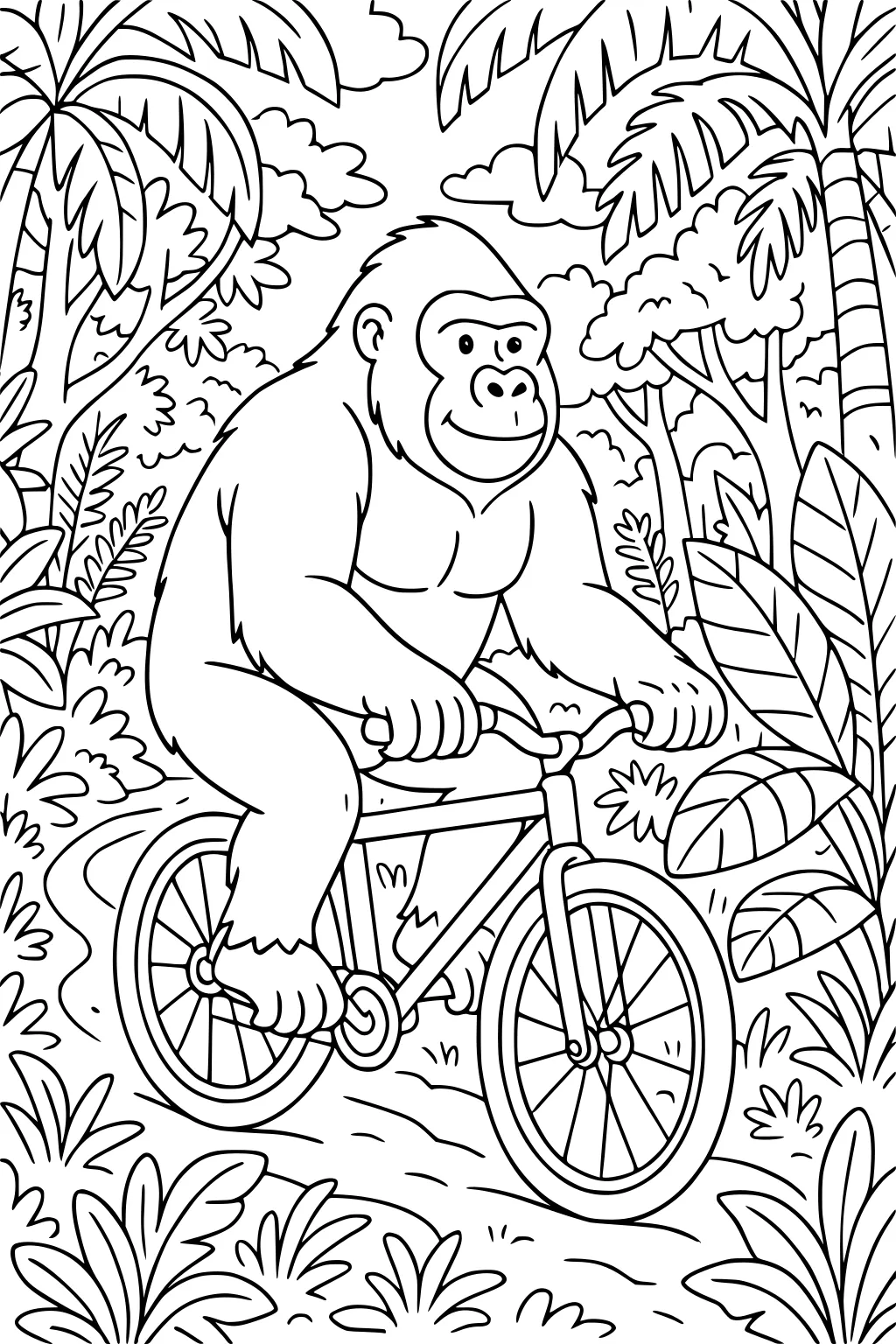 Gorilla riding a bicycle along a jungle path, surrounded by palm trees, leaves, and jungle plants with clouds above.