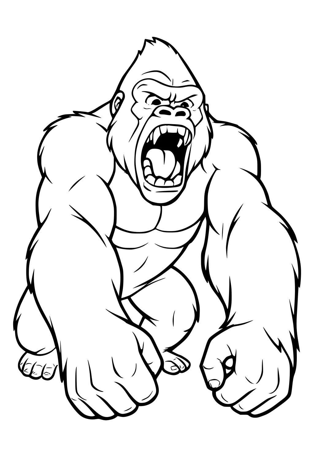 Roaring gorilla with open mouth and fists on ground, crouched, showing muscles and fur details.